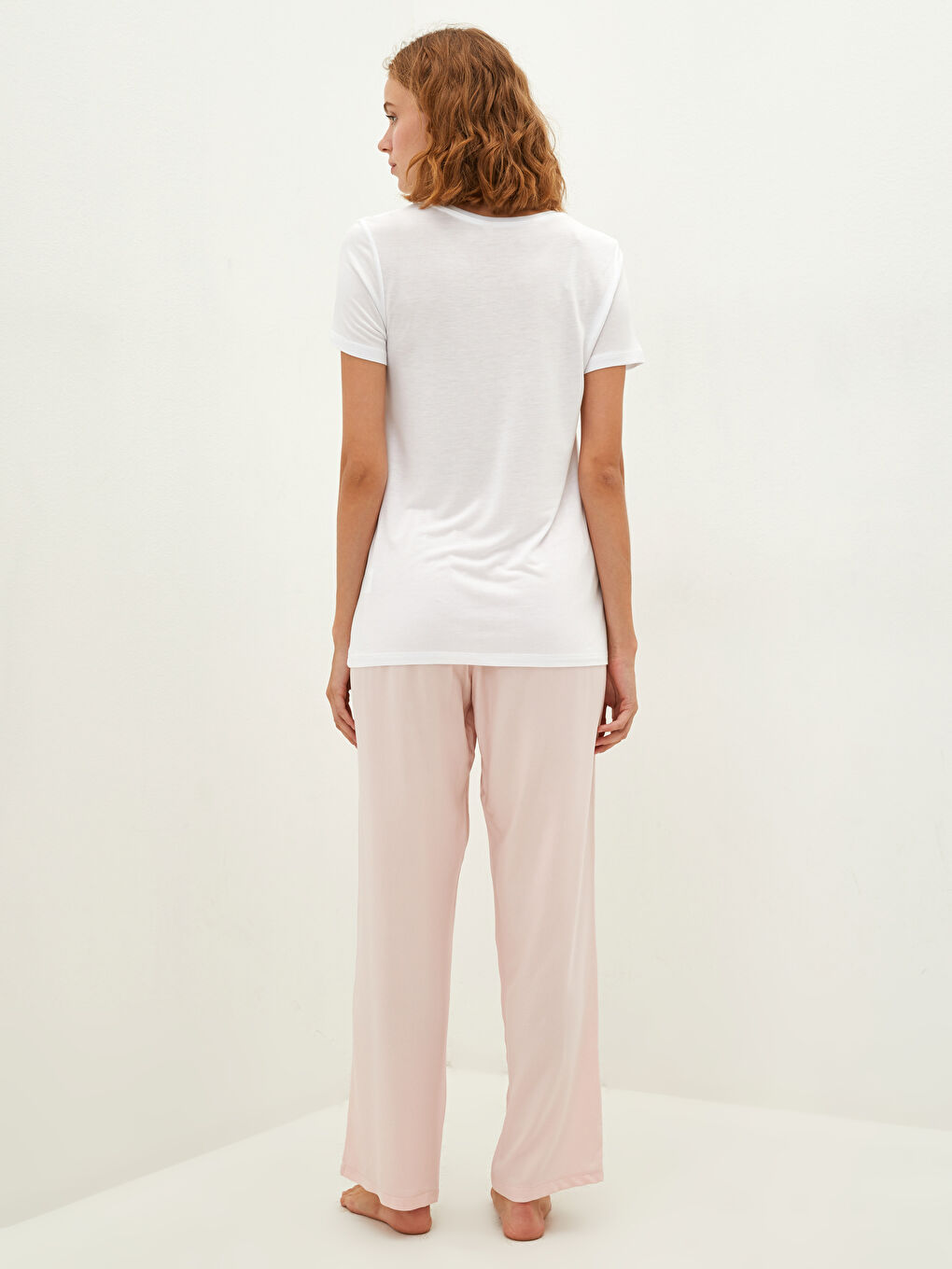 Pembe Bisiklet Yaka Düz Kısa Kollu Viskon Kadın Pijama Takımı-4