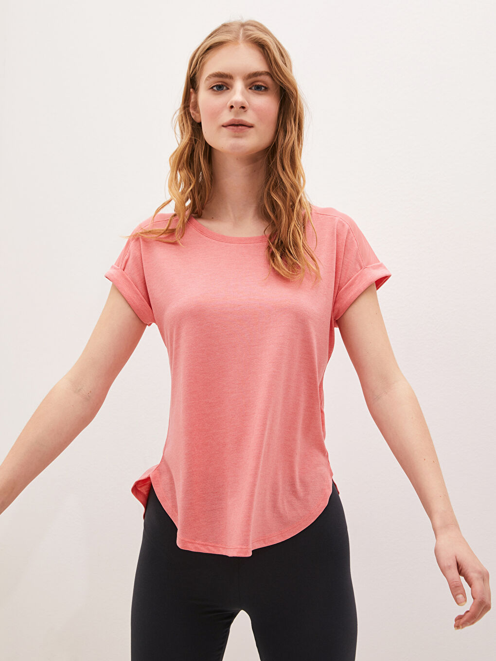 Mercan Bisiklet Yaka Düz Kısa Kollu Kadın Spor Tişört-1