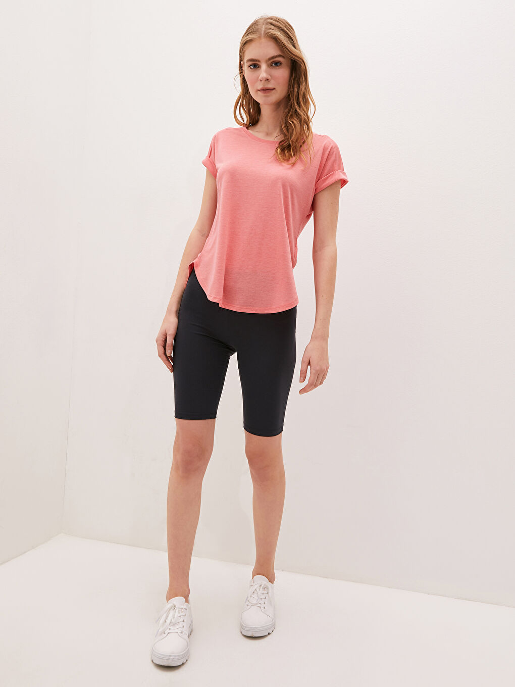 Mercan Bisiklet Yaka Düz Kısa Kollu Kadın Spor Tişört-2