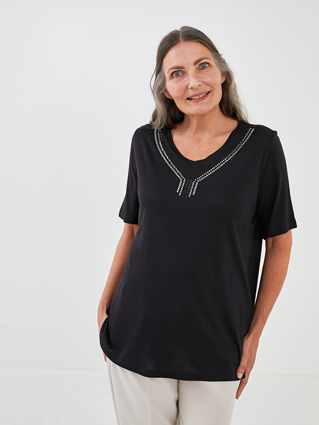 V-Neck Embroidered Short Sleeve Women's Blouse-1