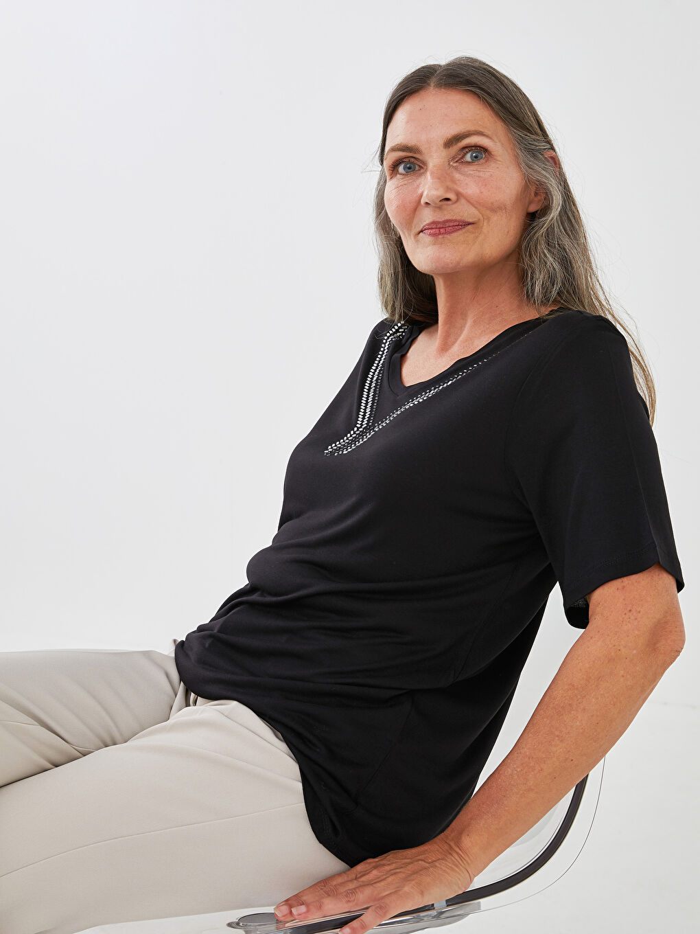 V-Neck Embroidered Short Sleeve Women's Blouse