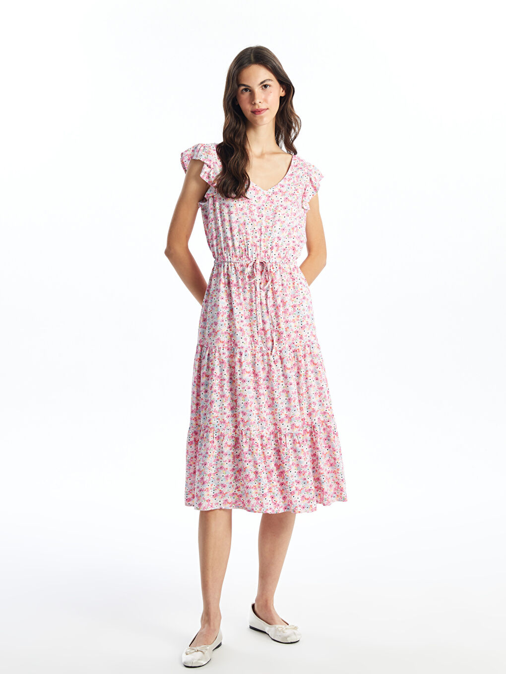LCW Vision V-Neck Floral Short Sleeve Women's Dress -S1KF80Z8-LT4