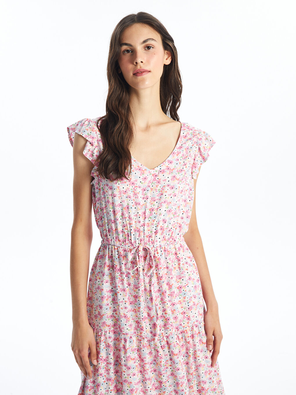 LCW Vision V-Neck Floral Short Sleeve Women's Dress -S1KF80Z8-LT4