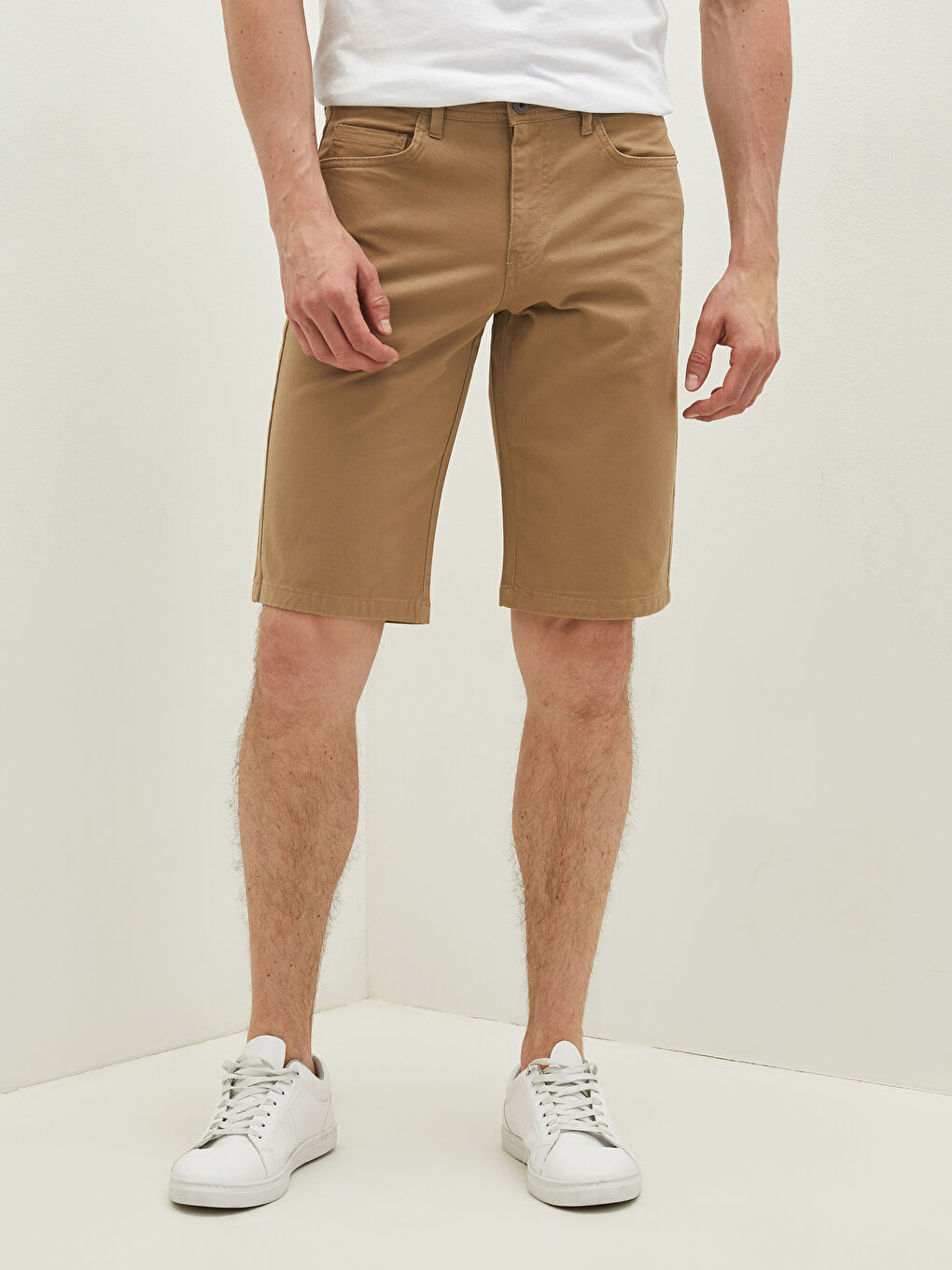 Bej Slim Fit Gabardin Erkek Şort-3