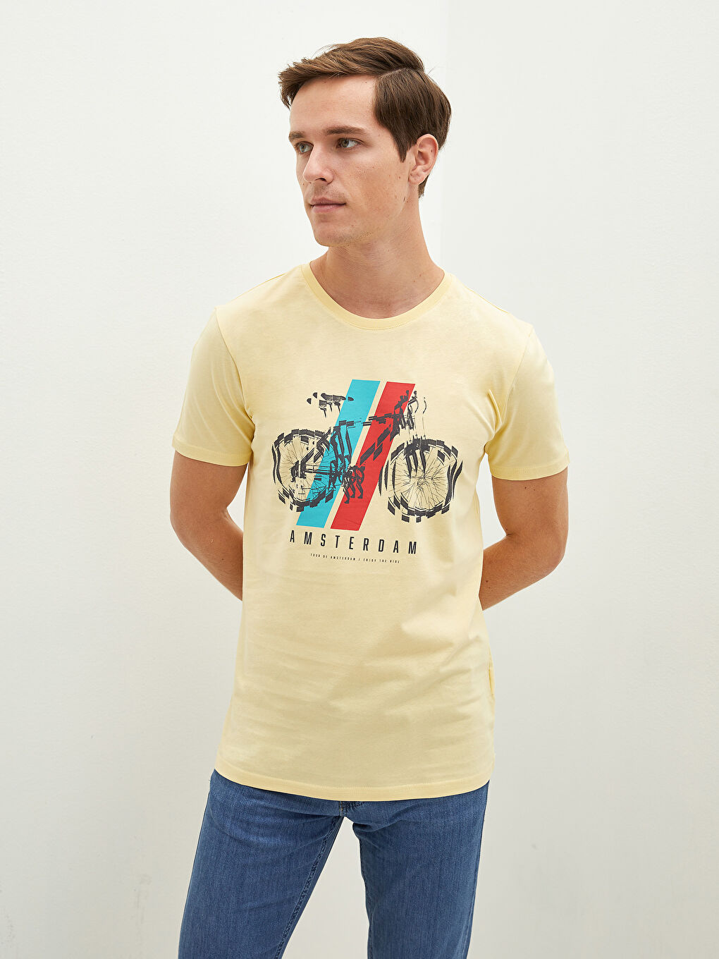 Sarı Bisiklet Yaka Kısa Kollu Baskılı Penye Erkek Tişört-1