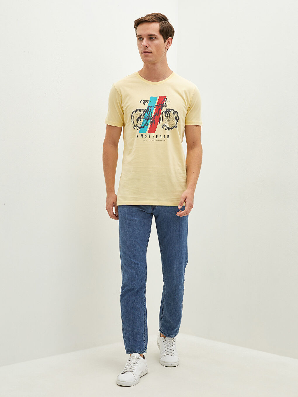 Sarı Bisiklet Yaka Kısa Kollu Baskılı Penye Erkek Tişört-2