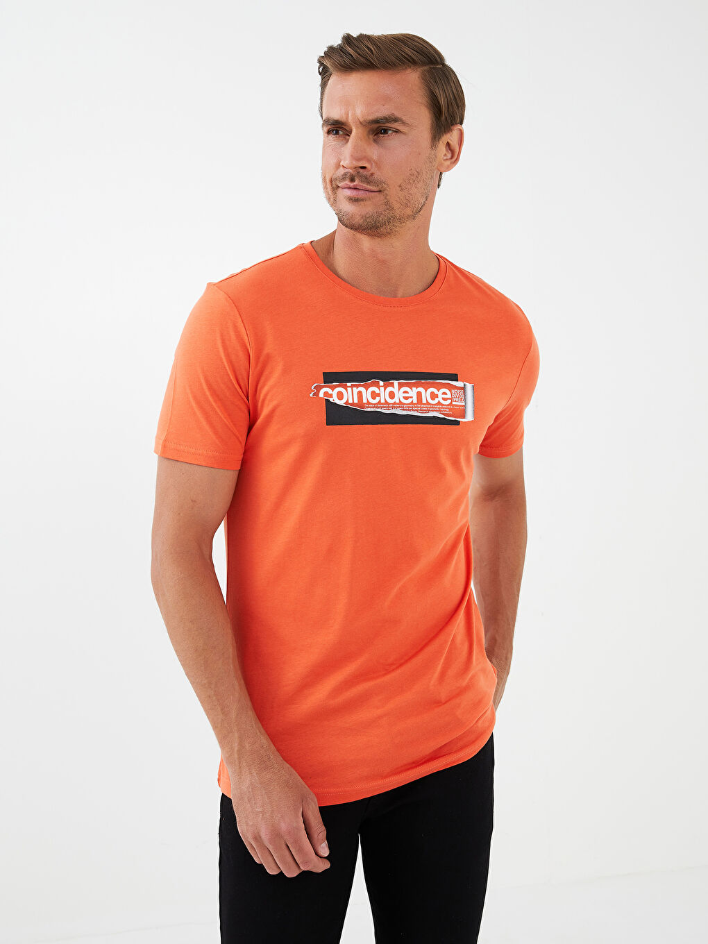 Turuncu Bisiklet Yaka Kısa Kollu Baskılı Penye Erkek Tişört-2