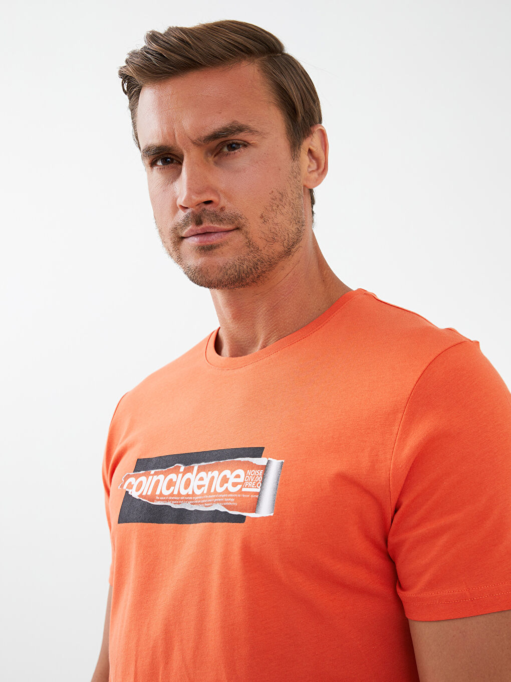 Turuncu Bisiklet Yaka Kısa Kollu Baskılı Penye Erkek Tişört-3