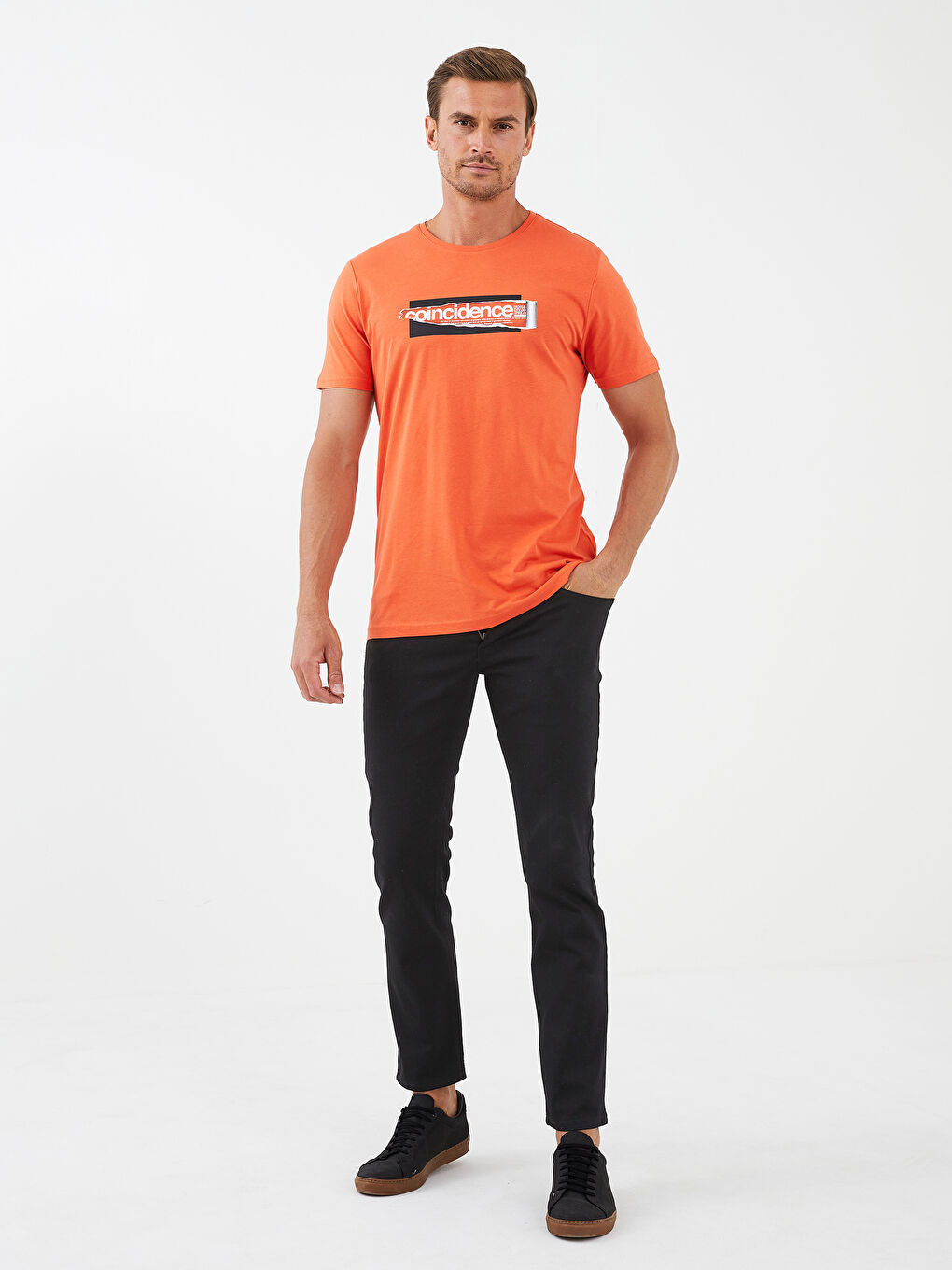 Turuncu Bisiklet Yaka Kısa Kollu Baskılı Penye Erkek Tişört-4