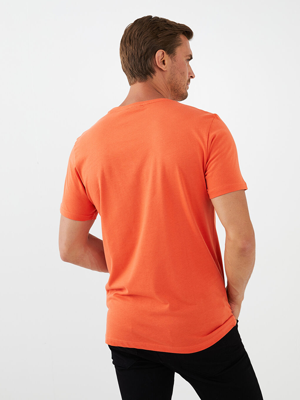 Turuncu Bisiklet Yaka Kısa Kollu Baskılı Penye Erkek Tişört-5