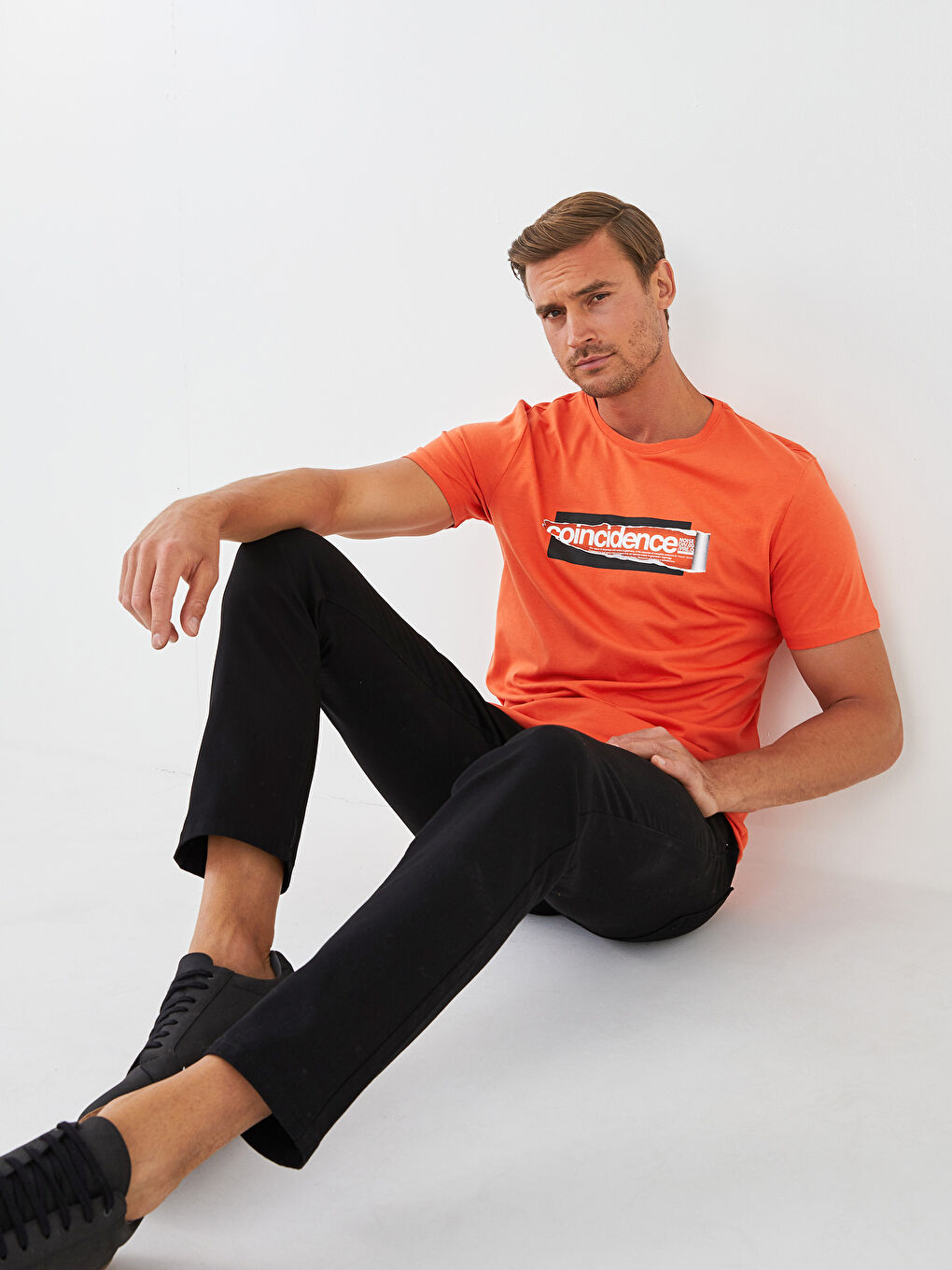 Turuncu Bisiklet Yaka Kısa Kollu Baskılı Penye Erkek Tişört