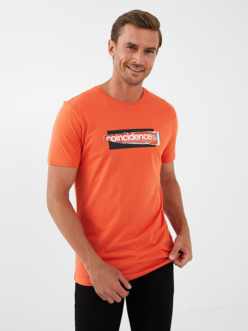 Turuncu Bisiklet Yaka Kısa Kollu Baskılı Penye Erkek Tişört-1