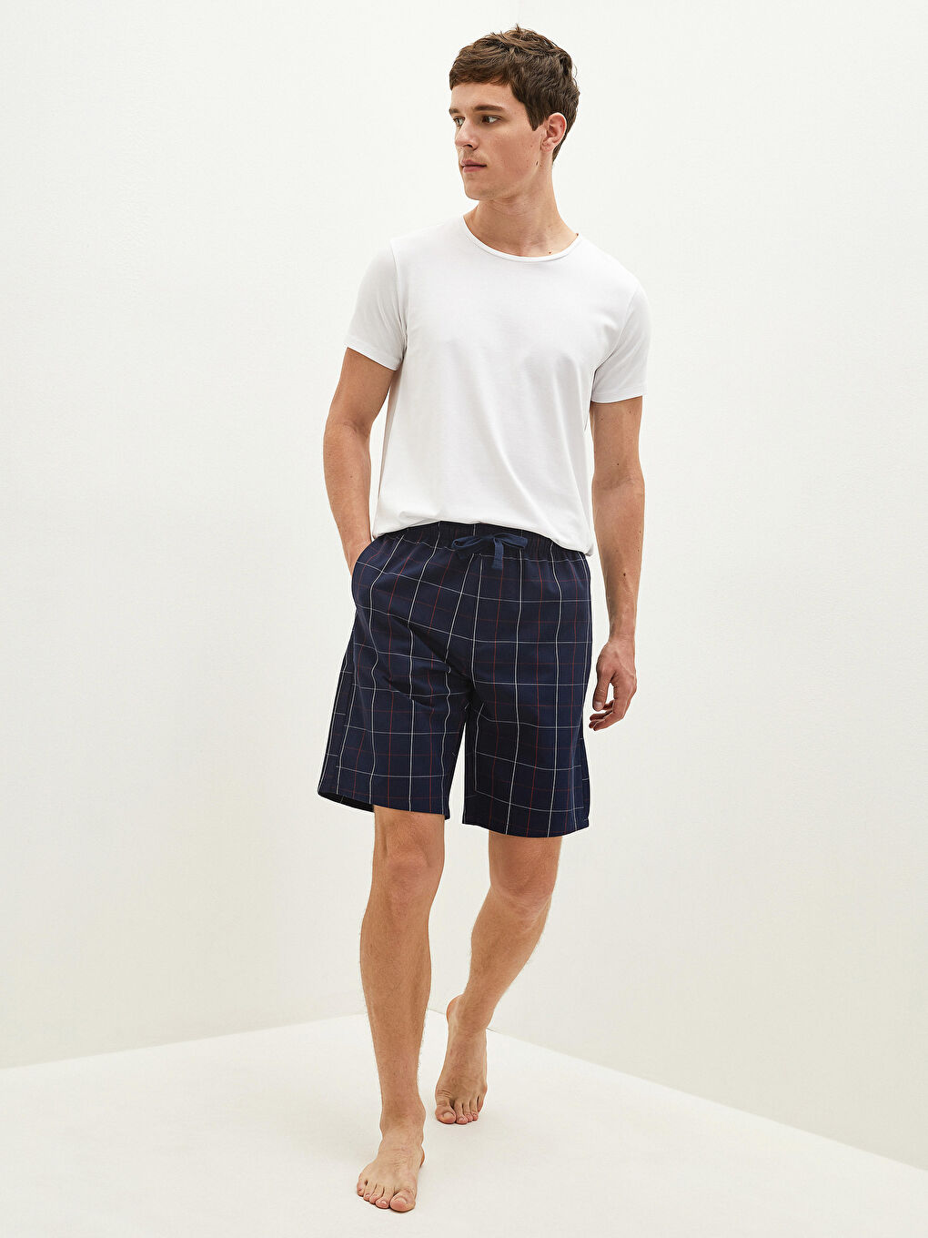 Lacivert Standart Kalıp Ekose Erkek Pijama Alt Şort-1