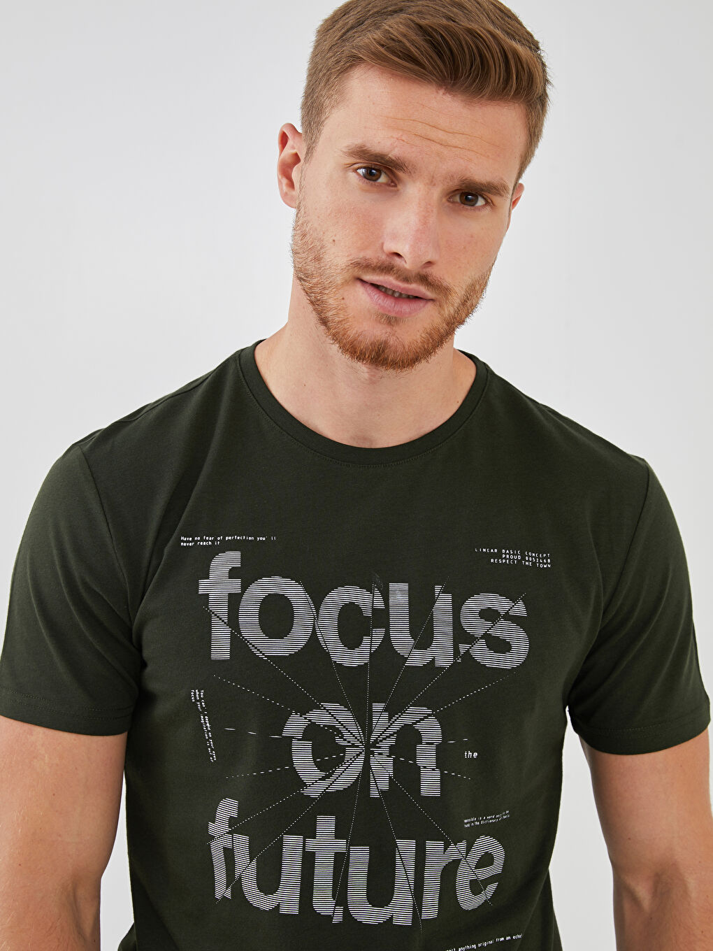 Haki Bisiklet Yaka Kısa Kollu Baskılı Penye Erkek Tişört-2