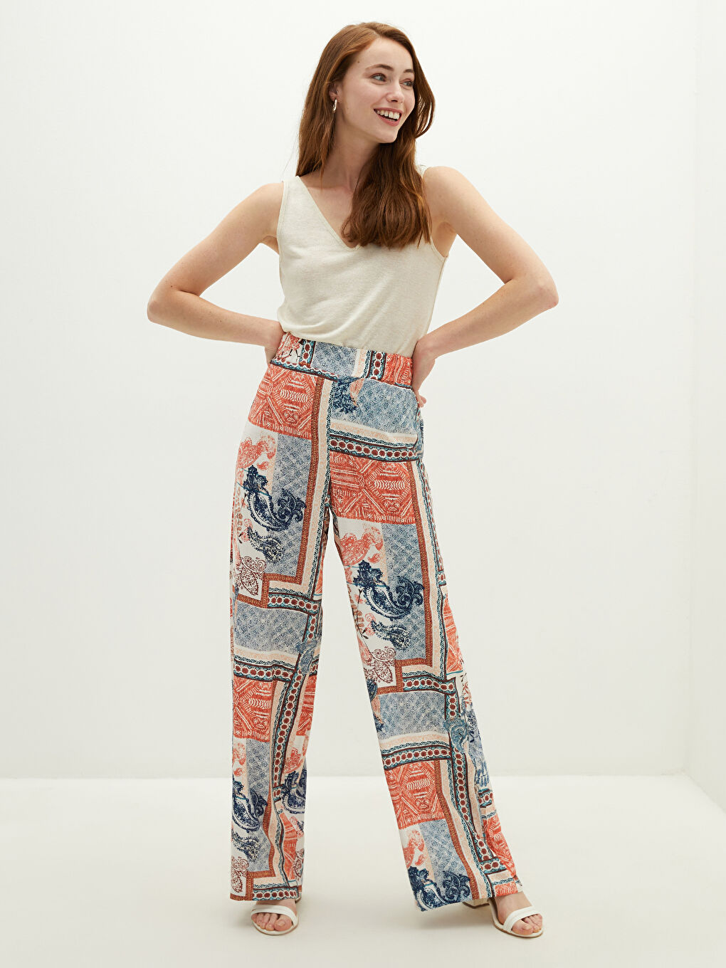 Pantalon en Viscose à Taille Élastique Imprimé à Jambe Large pour Femmes