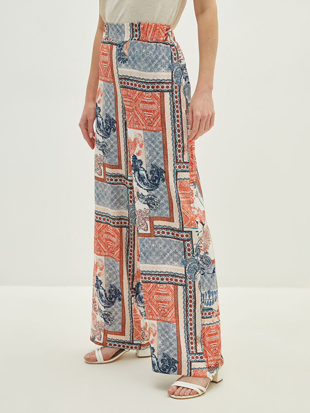 Pantalon en Viscose à Taille Élastique Imprimé à Jambe Large pour Femmes-1