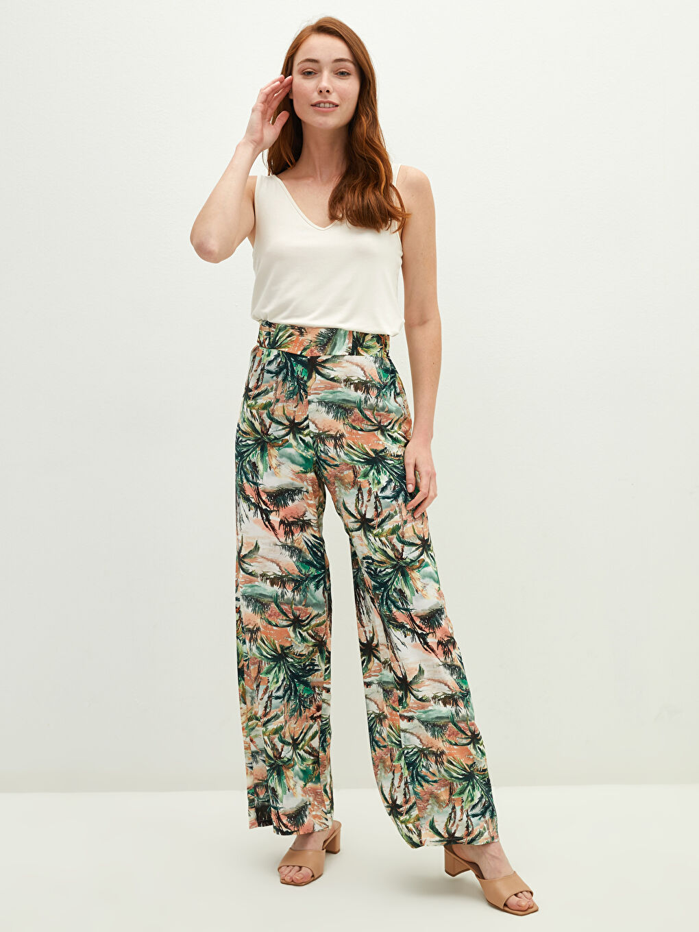 Pantalon en Viscose à Taille Élastique Imprimé à Jambe Large pour Femmes