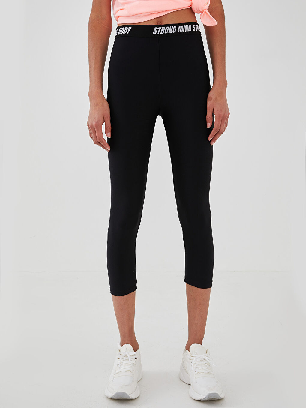 Siyah Beli Slogan Baskılı Kadın Spor Tayt-4