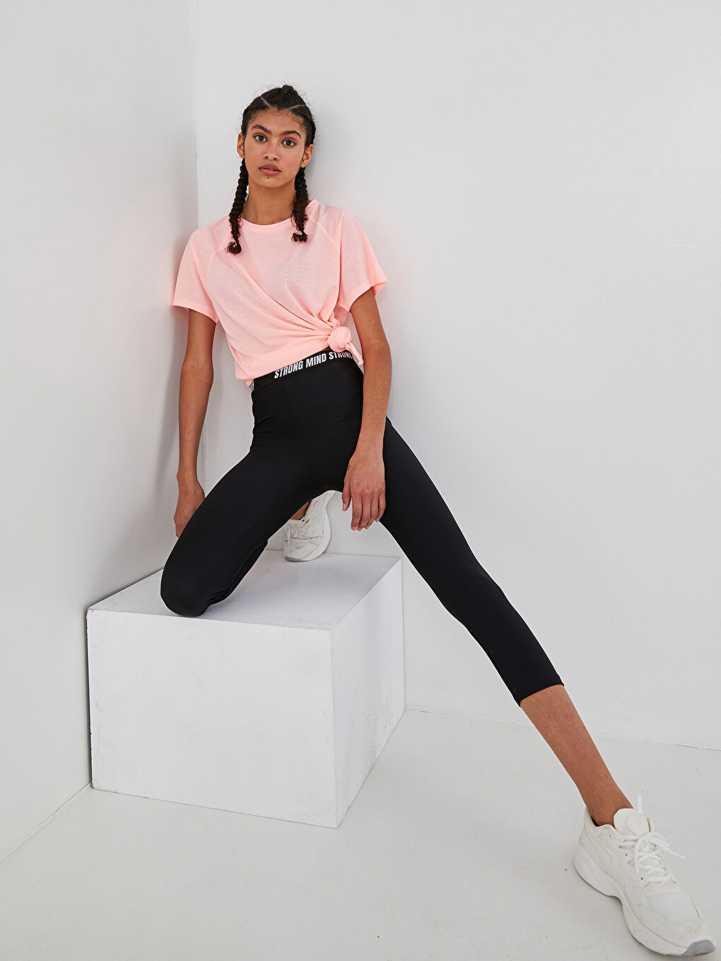 Siyah Beli Slogan Baskılı Kadın Spor Tayt-1