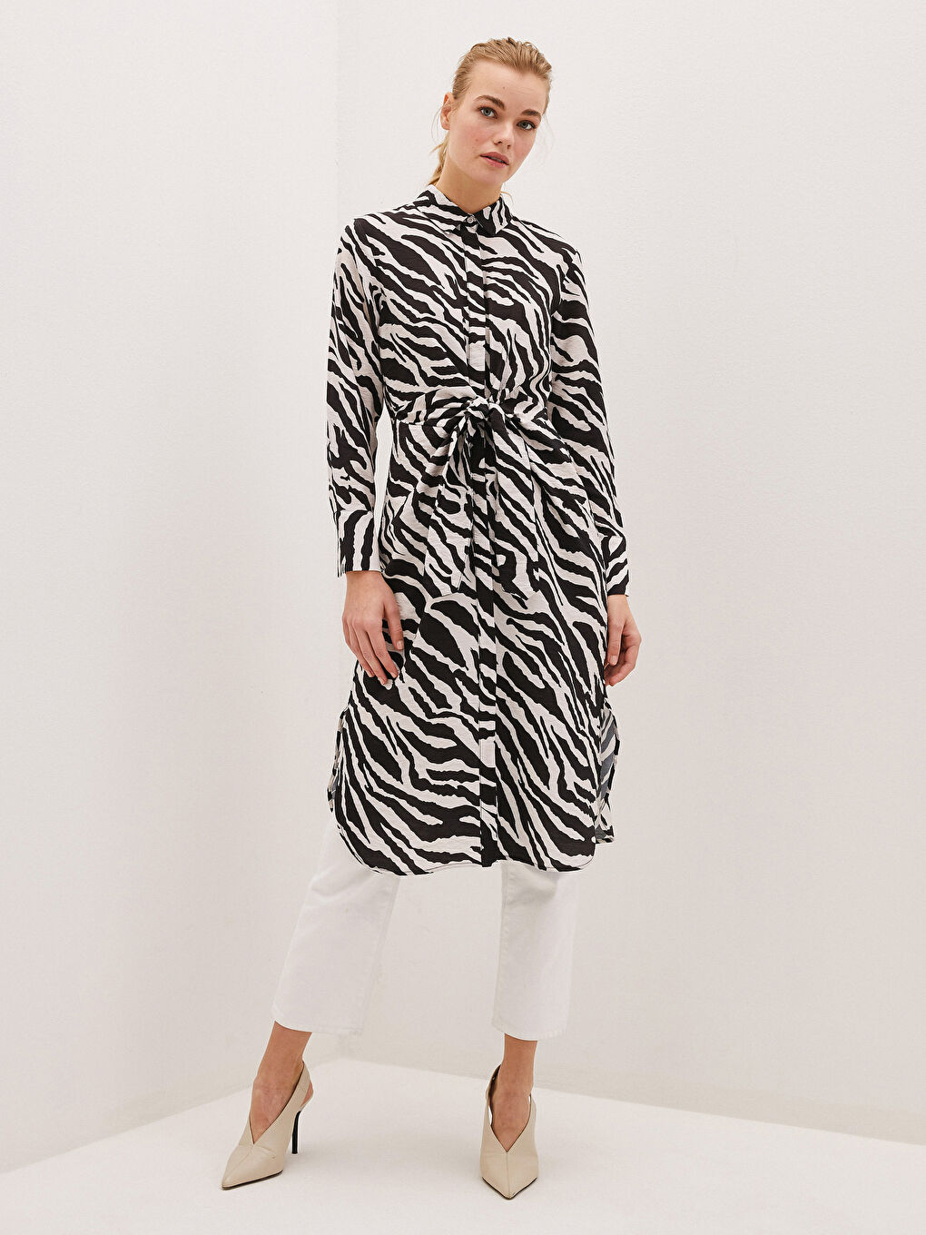 Ekru Desenli Kadın Gömlek Tunik-1