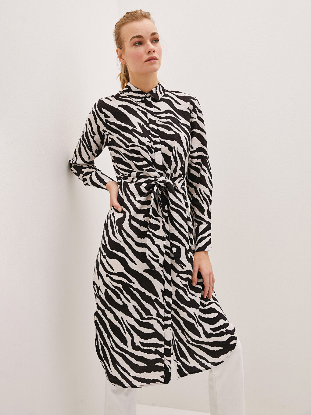 Ekru Desenli Kadın Gömlek Tunik-3