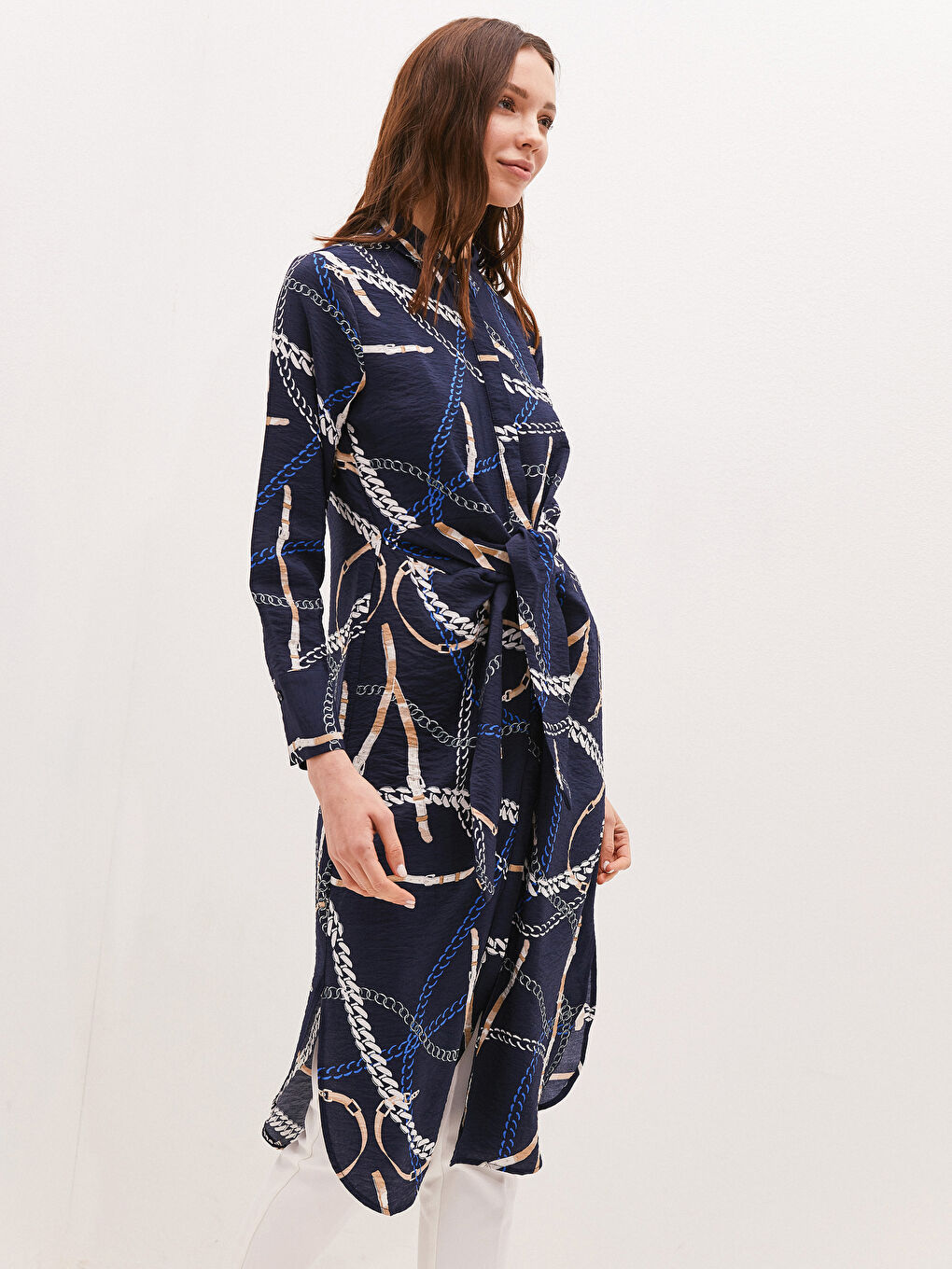 Lacivert Desenli Kadın Gömlek Tunik-1
