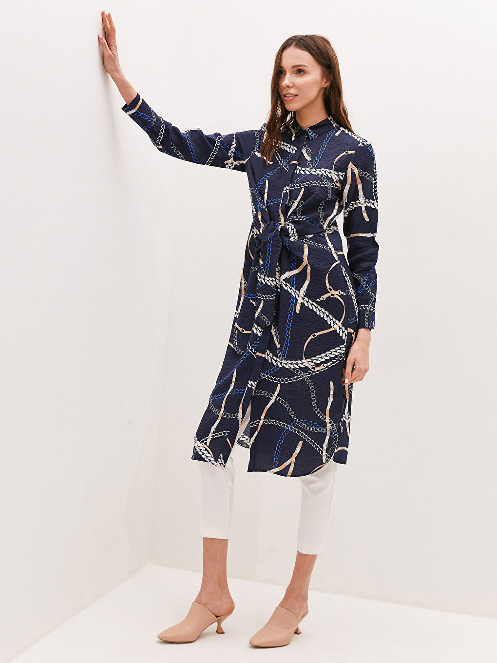 Lacivert Desenli Kadın Gömlek Tunik