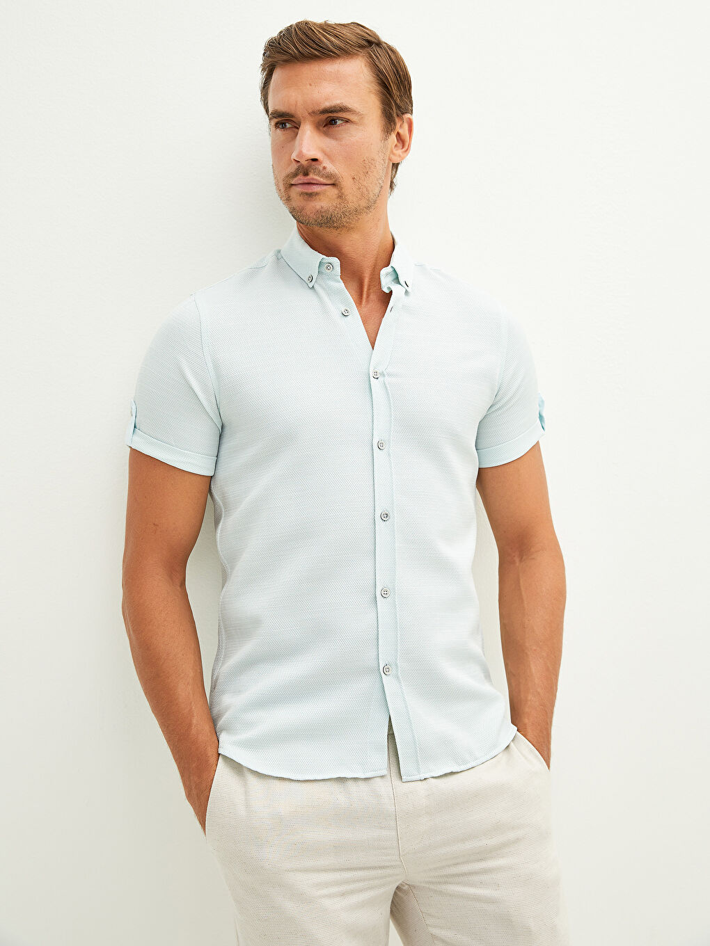 Turkuaz Slim Fit Kısa Kollu Erkek Gömlek-2