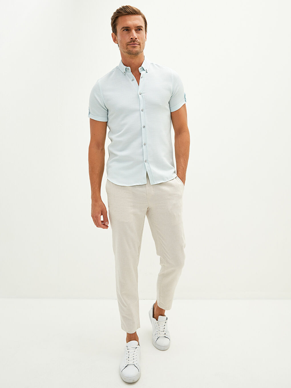 Turkuaz Slim Fit Kısa Kollu Erkek Gömlek-3