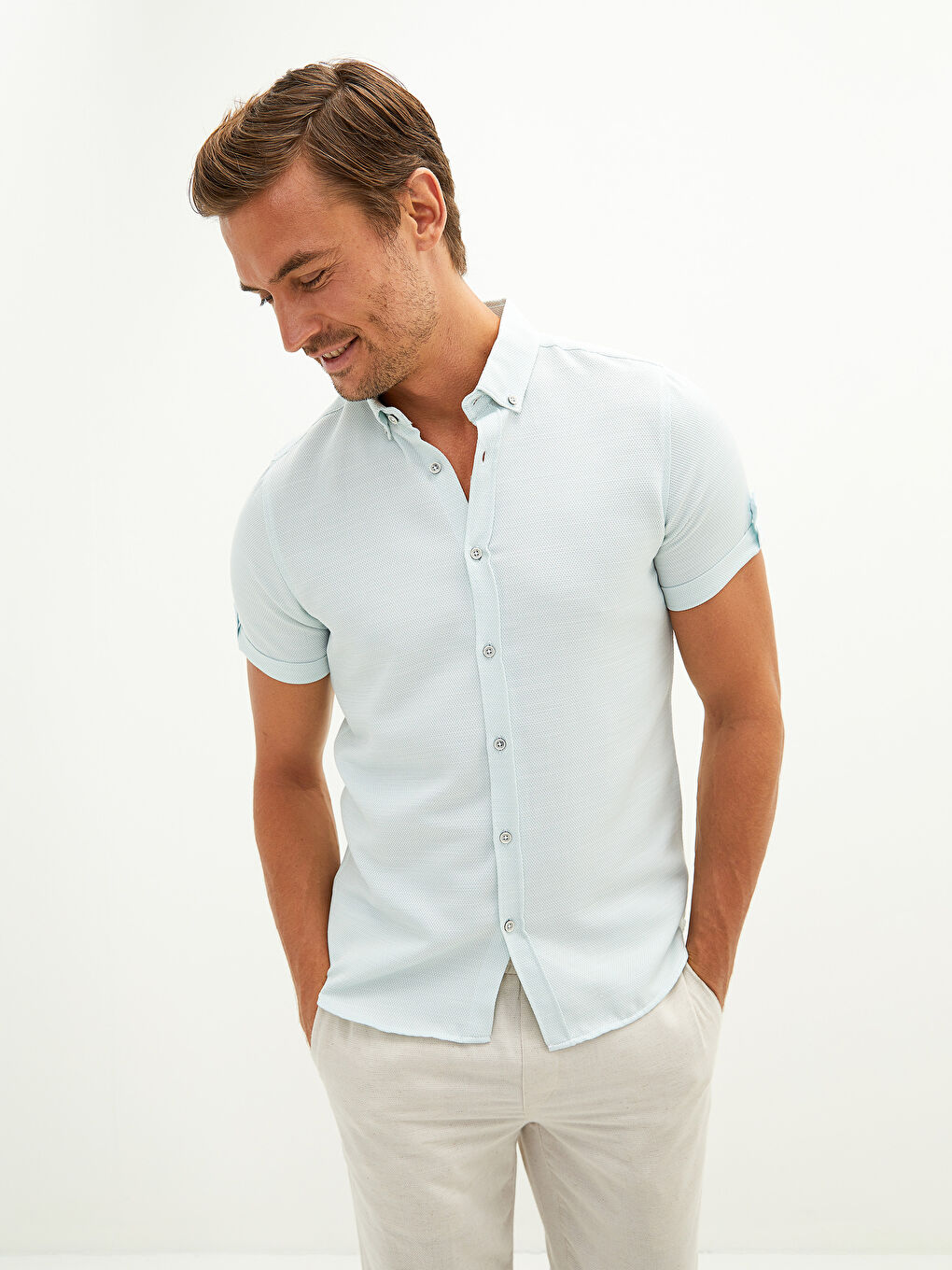 Turkuaz Slim Fit Kısa Kollu Erkek Gömlek