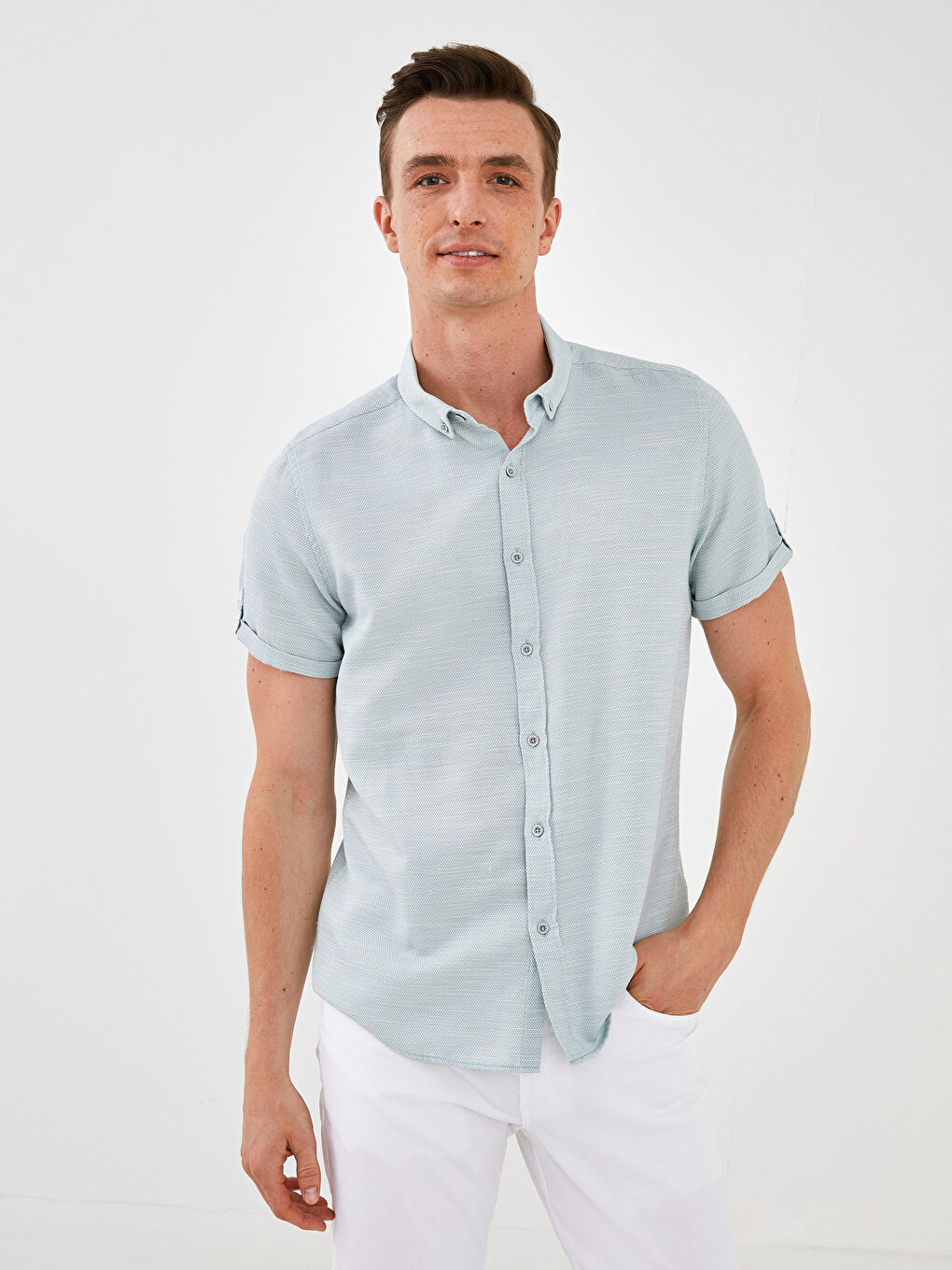 Yeşil Slim Fit Kısa Kollu Erkek Gömlek-1