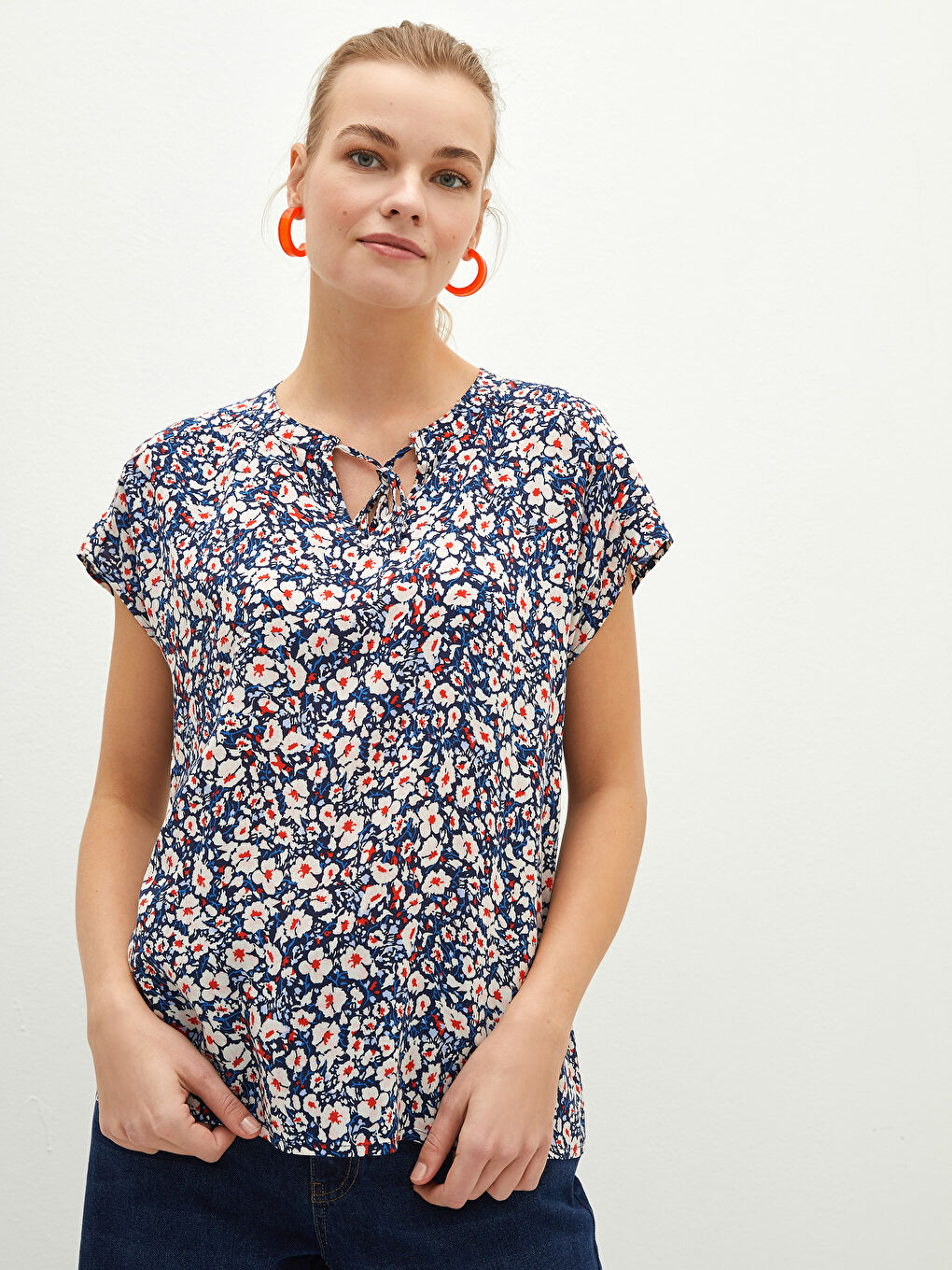 Tie Collar Printed Short Sleeve Viscose Women's Blouse
