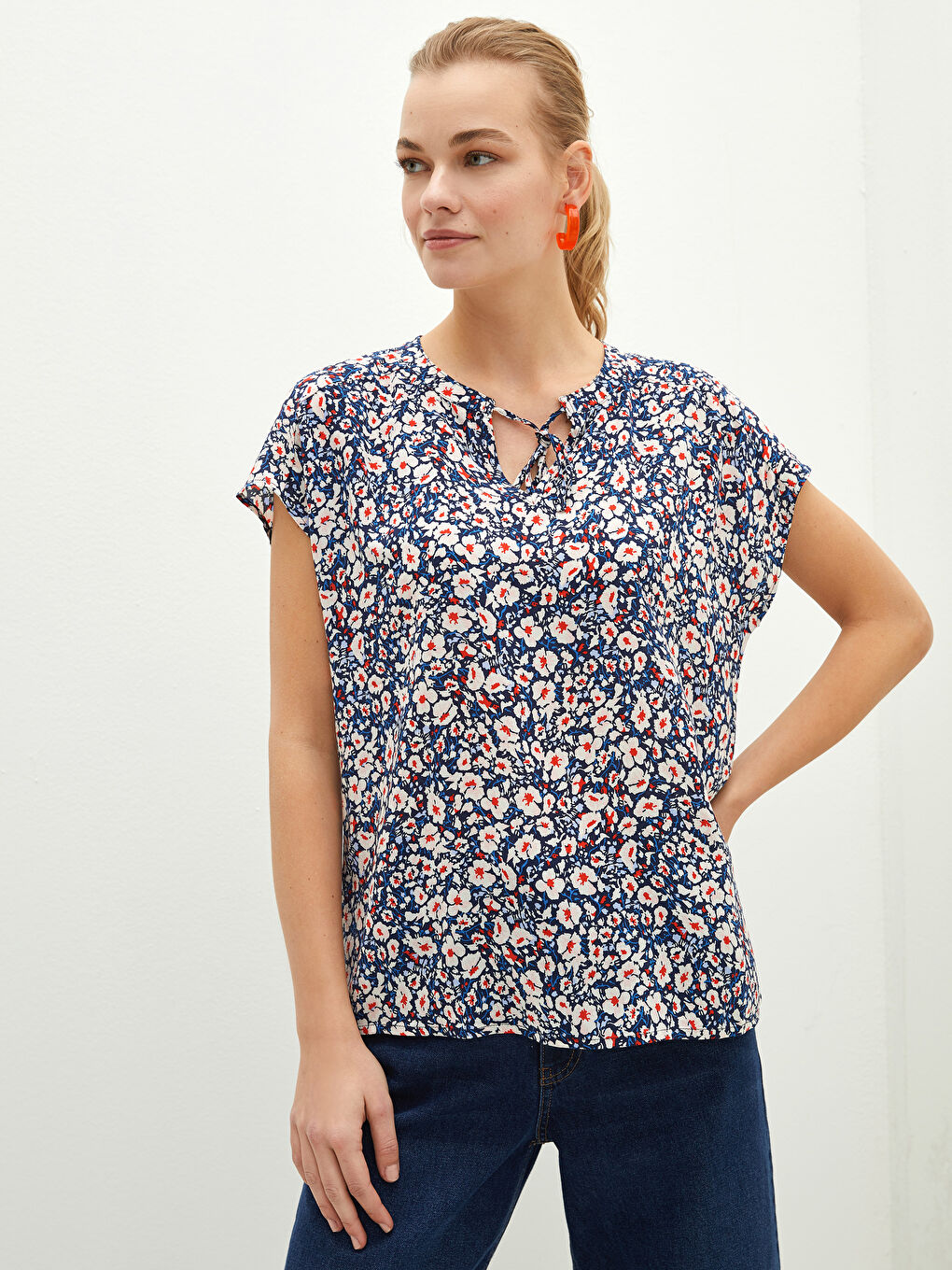 Tie Collar Printed Short Sleeve Viscose Women's Blouse-1