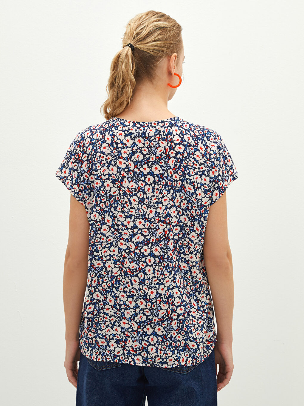 Tie Collar Printed Short Sleeve Viscose Women's Blouse-4