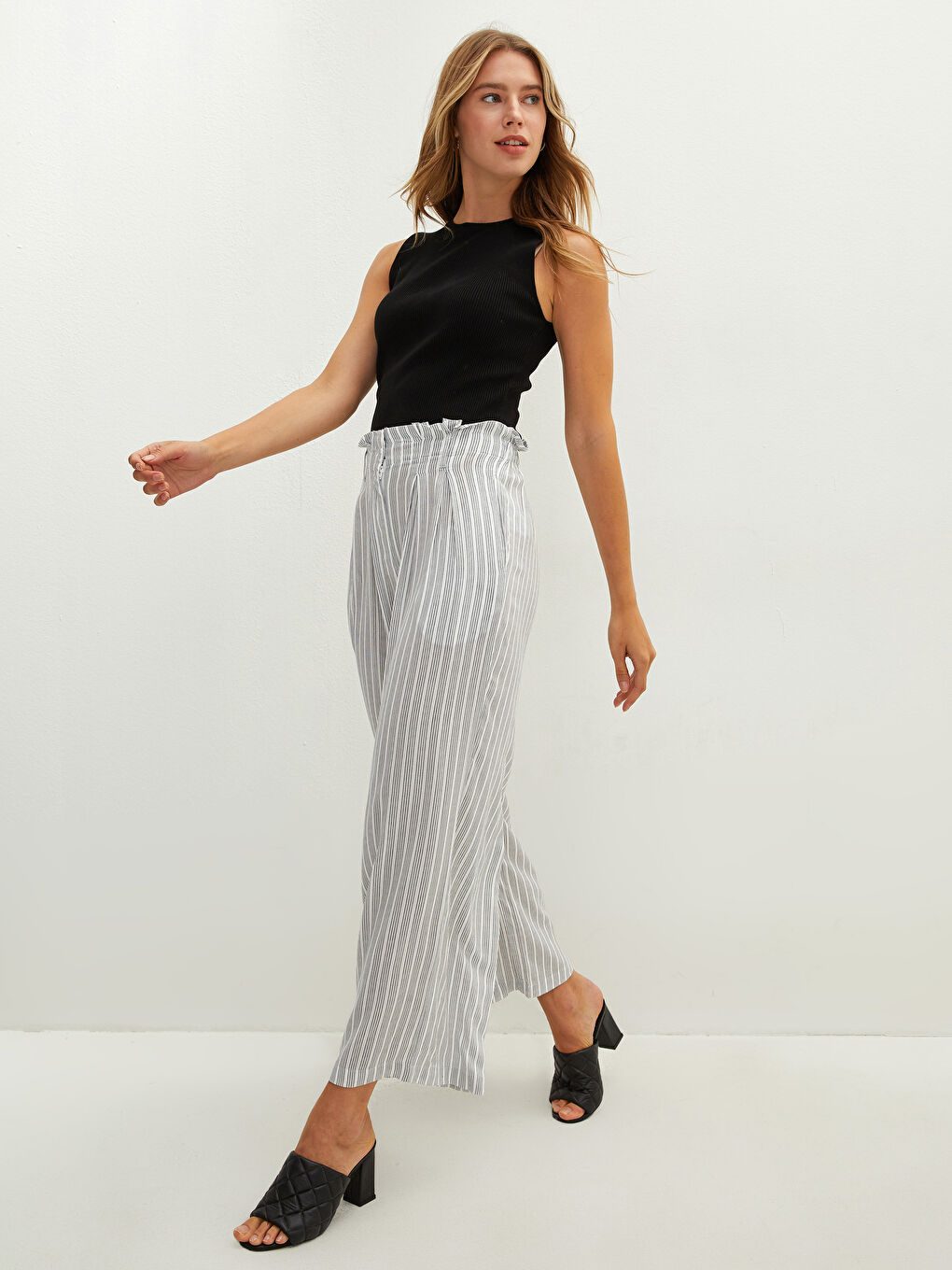 Панталони Дамски Вискозни Раирани С Широк Крой Еластична Талия-2