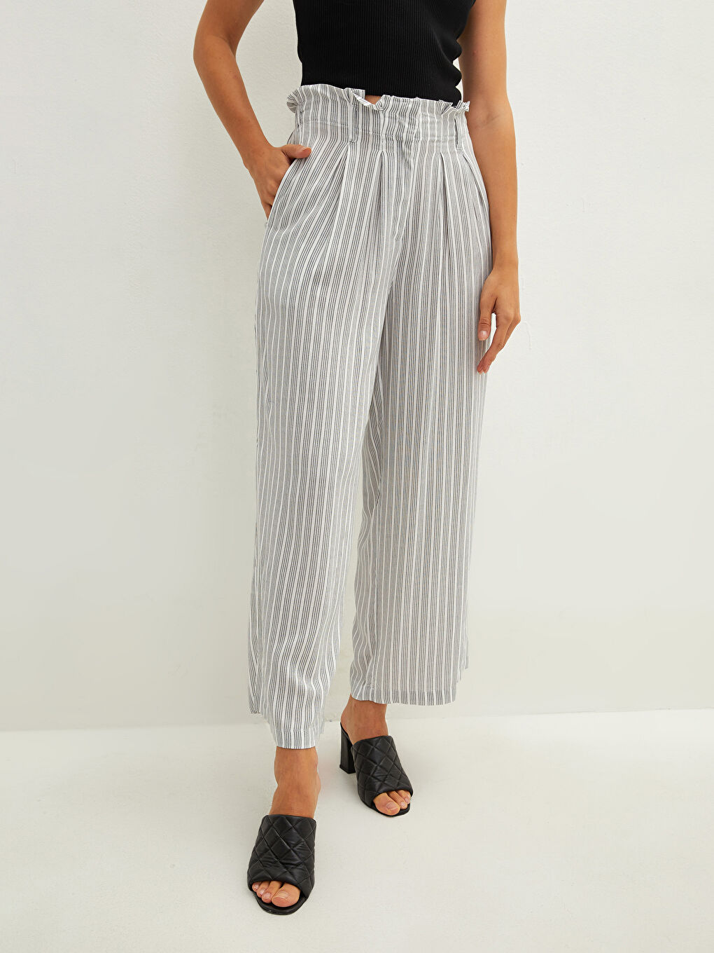 Панталони Дамски Вискозни Раирани С Широк Крой Еластична Талия-3