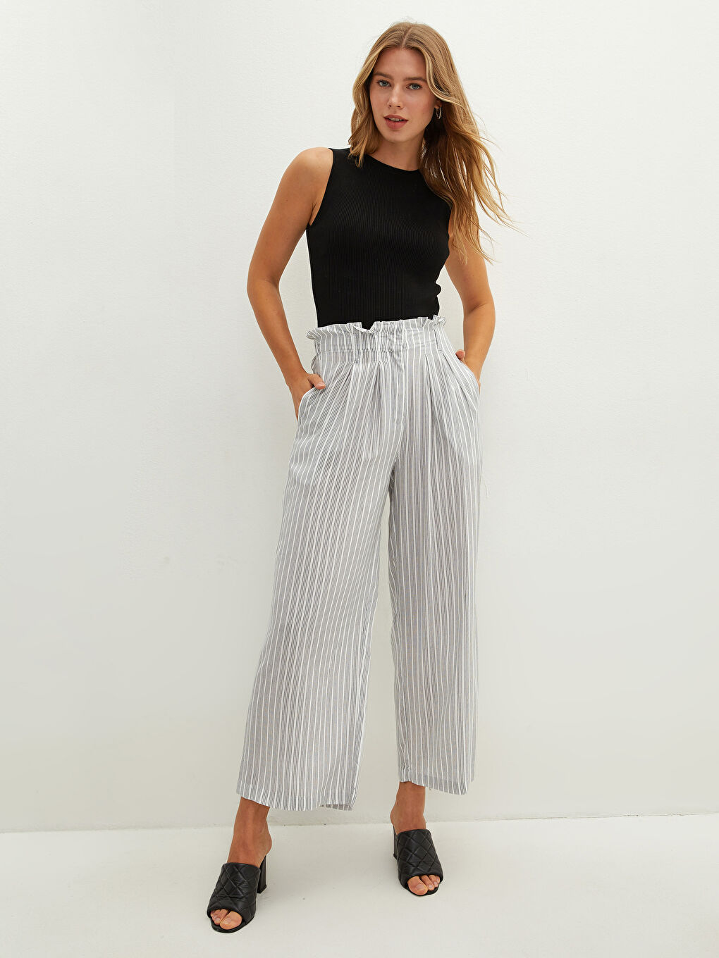 Панталони Дамски Вискозни Раирани С Широк Крой Еластична Талия-1