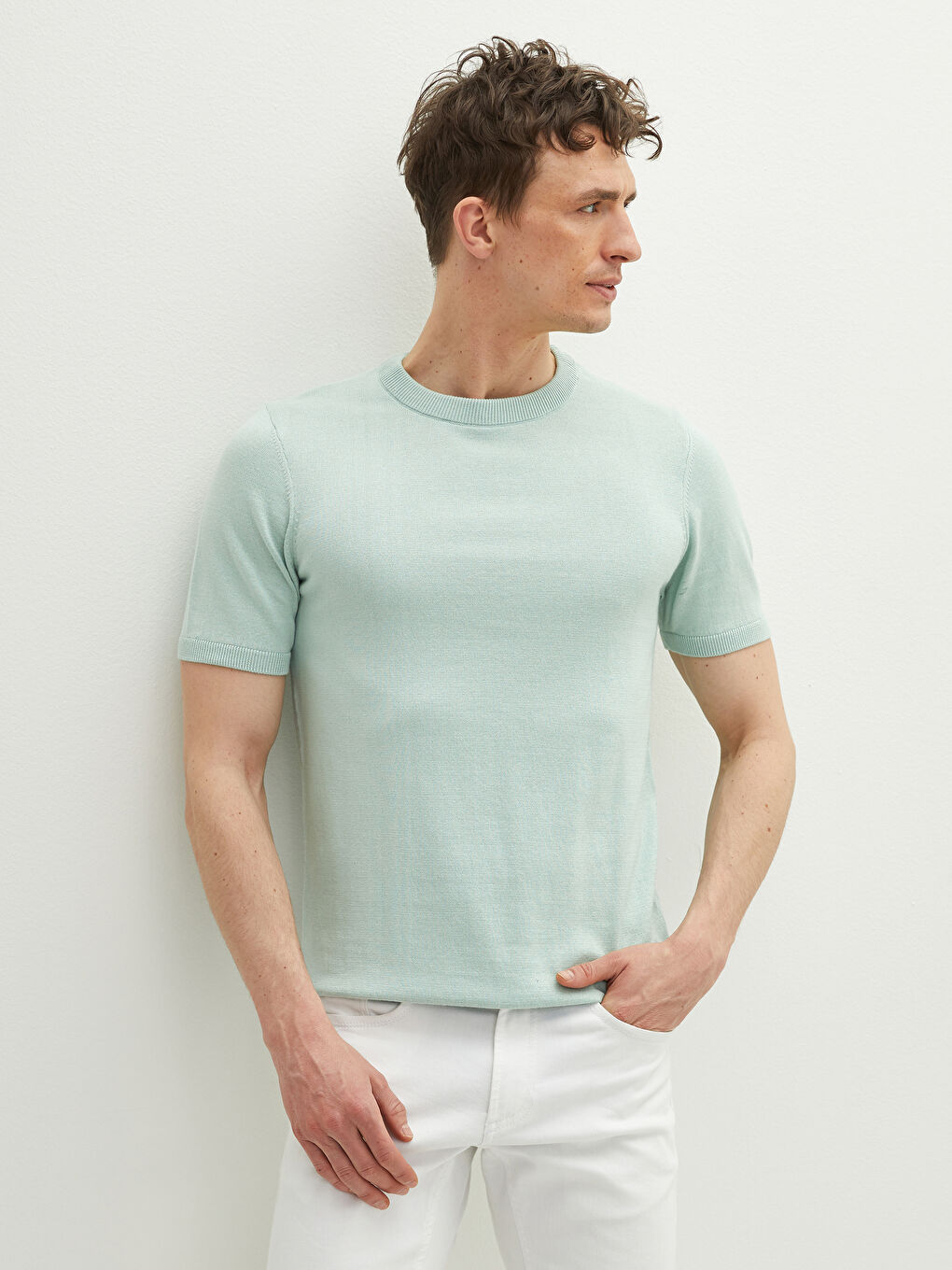 Yeşil Bisiklet Yaka Kısa Kollu Erkek Triko Kazak-5