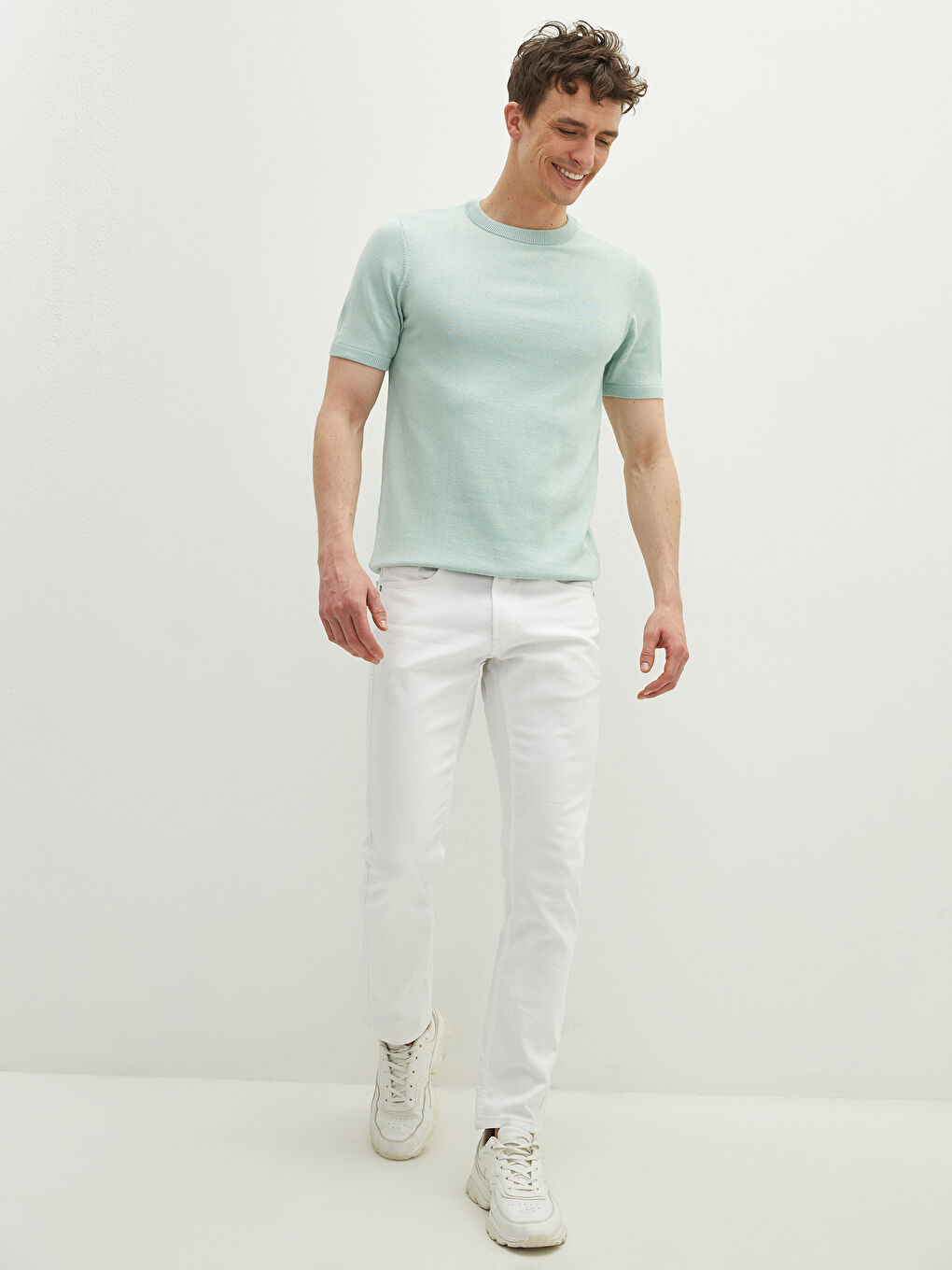 Yeşil Bisiklet Yaka Kısa Kollu Erkek Triko Kazak-1