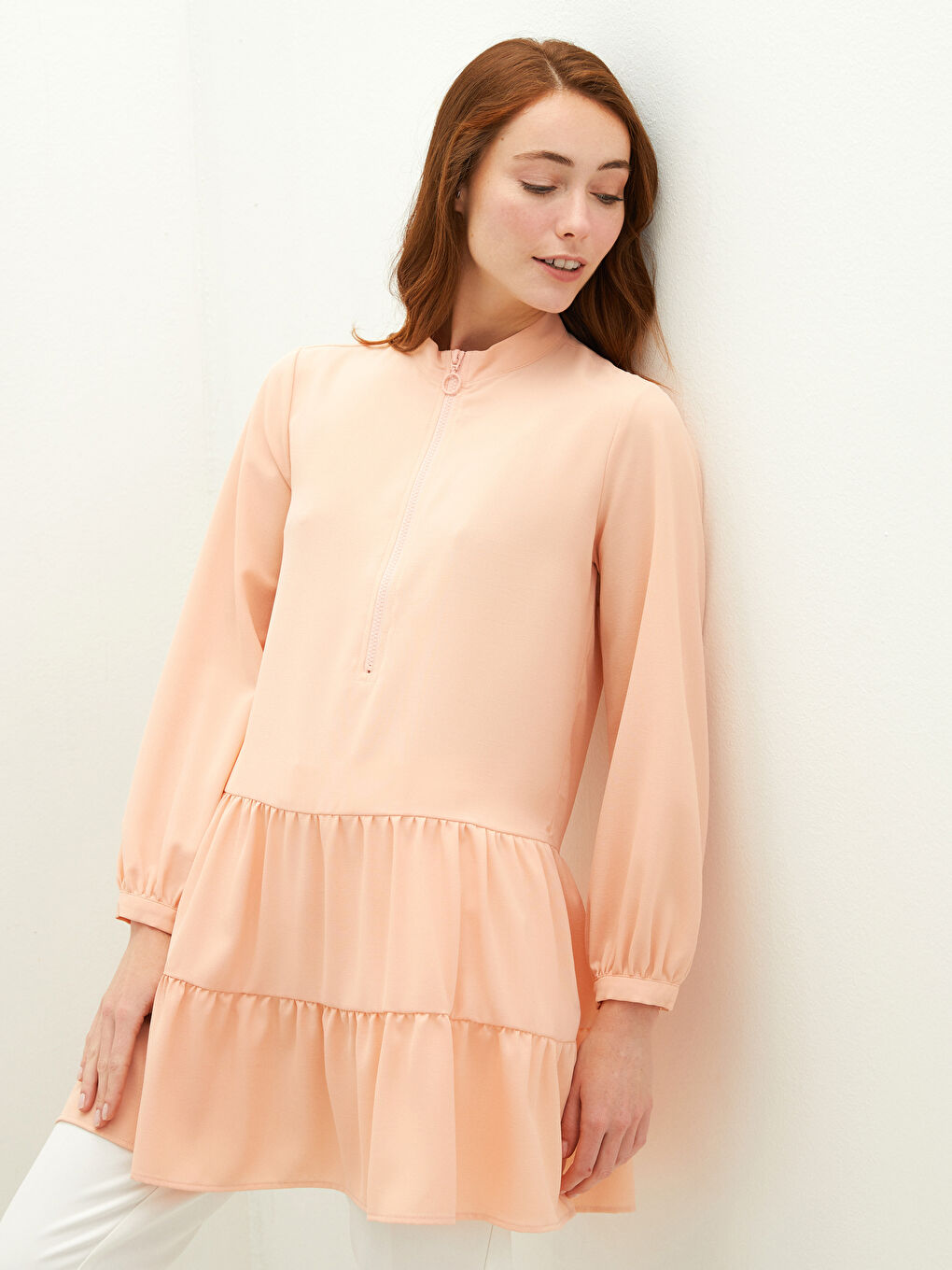 Pembe Bisiklet Yaka Düz Uzun Kollu Medine İpeği Kumaş Kadın Tunik