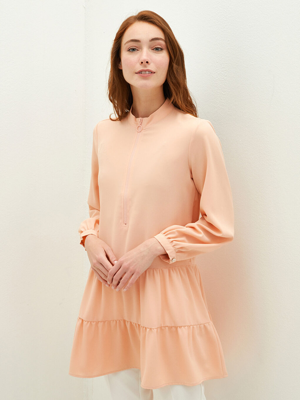 Pembe Bisiklet Yaka Düz Uzun Kollu Medine İpeği Kumaş Kadın Tunik-1