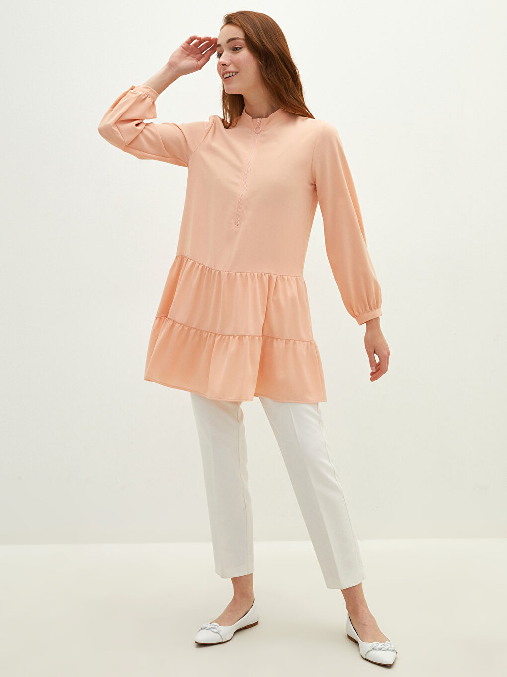 Pembe Bisiklet Yaka Düz Uzun Kollu Medine İpeği Kumaş Kadın Tunik-2