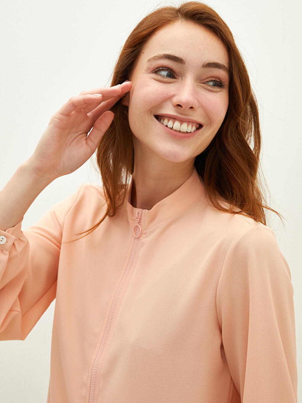 Pembe Bisiklet Yaka Düz Uzun Kollu Medine İpeği Kumaş Kadın Tunik-3