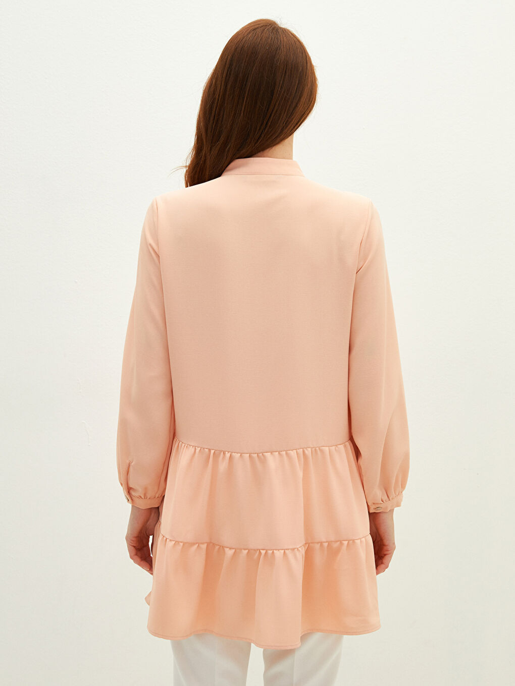 Pembe Bisiklet Yaka Düz Uzun Kollu Medine İpeği Kumaş Kadın Tunik-4