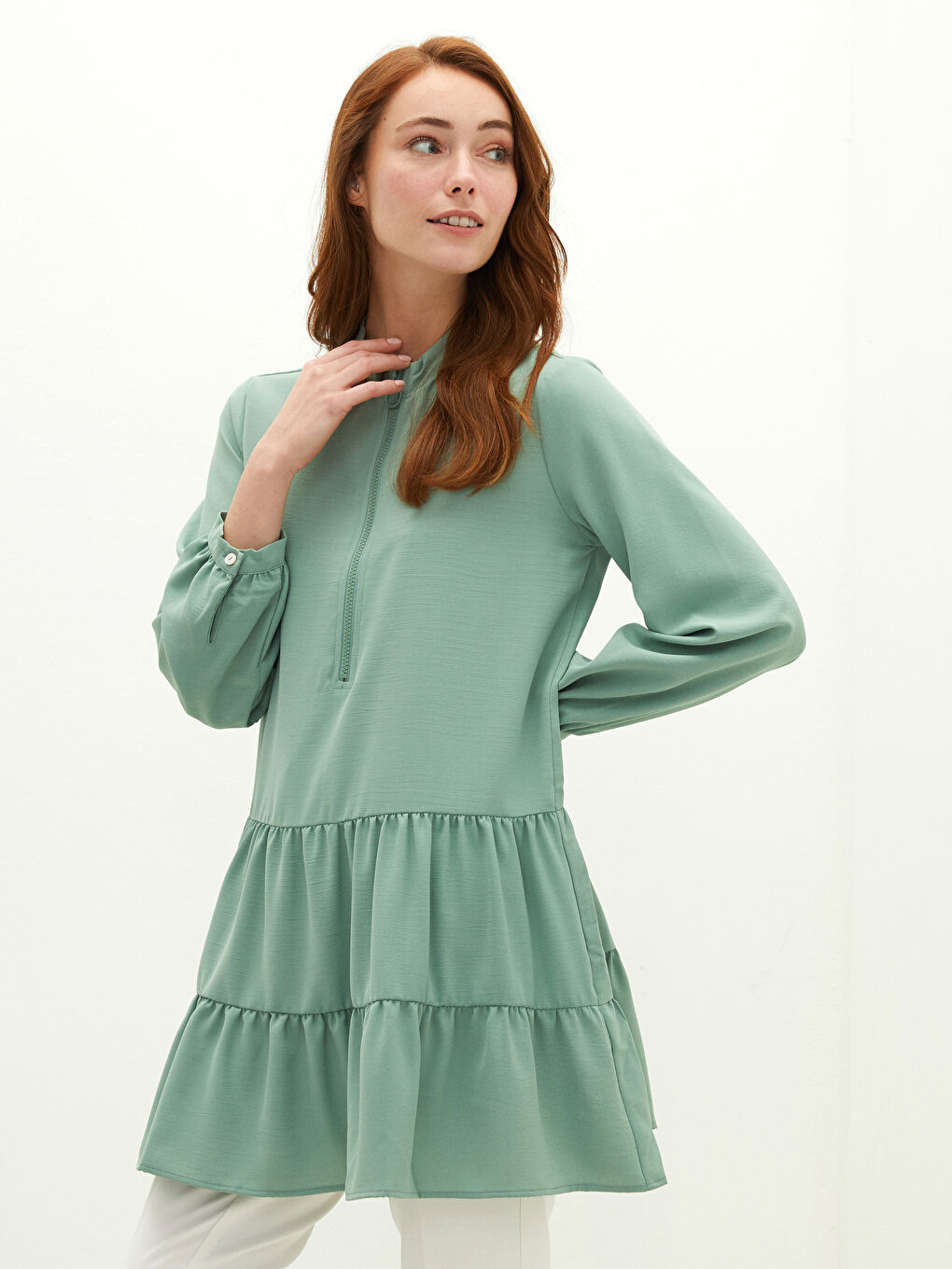 Crew Neck Straight Long Sleeve Medina Silk Fabric Women's Tunic