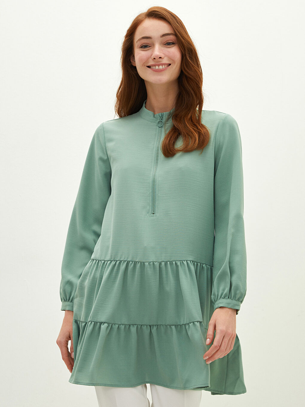 Crew Neck Straight Long Sleeve Medina Silk Fabric Women's Tunic-1