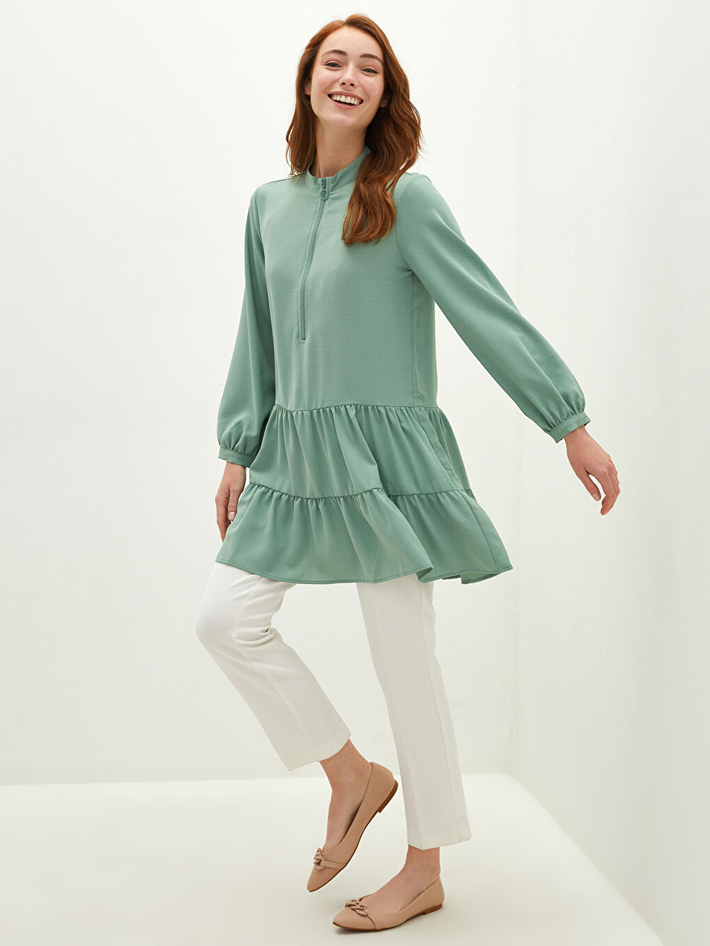 Crew Neck Straight Long Sleeve Medina Silk Fabric Women's Tunic-2