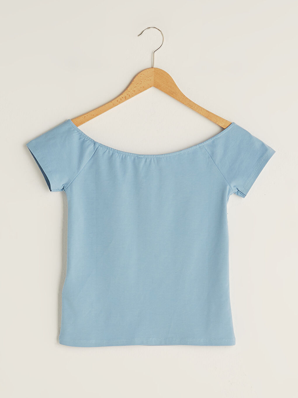 Mavi Kayık Yaka Düz Kısa Kollu Kadın Tişört-6
