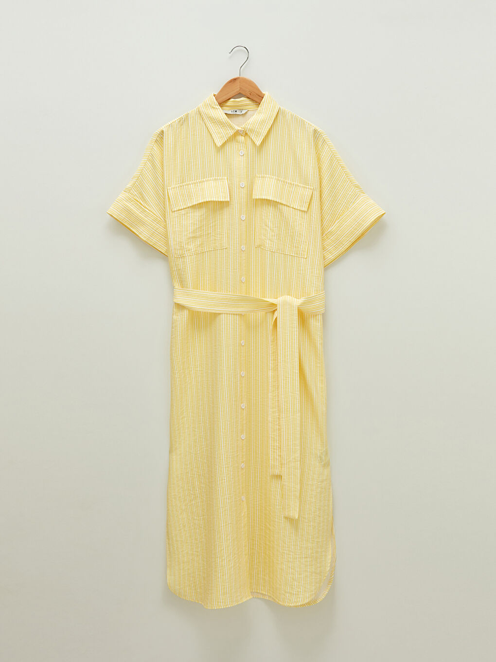 Sarı Düğmeli Gömlek Yaka Çizgili Kısa Kollu Cep Detaylı Beli Kuşaklı Kadın Elbise-7