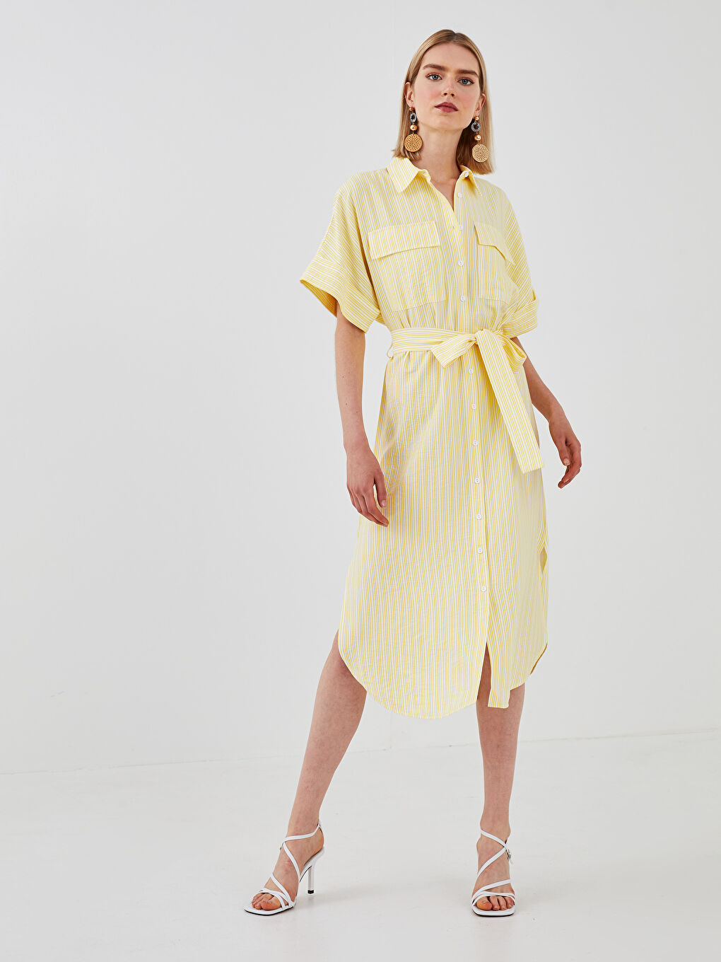 Sarı Düğmeli Gömlek Yaka Çizgili Kısa Kollu Cep Detaylı Beli Kuşaklı Kadın Elbise-5